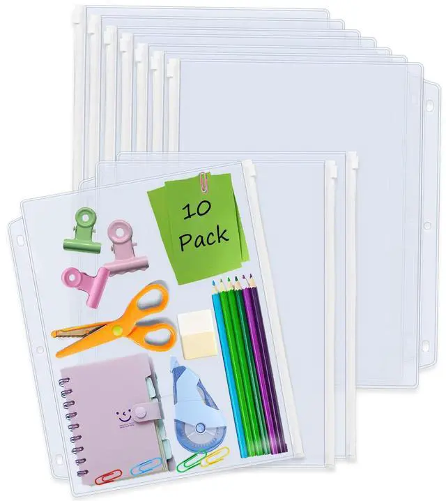 Main image of 10 Pack Plastic Zippered Binder Pockets, 3-Hole Punched for 3 Ring Binder, Clear PVC with White Zippers, Waterproof Loose Leaf Bag Pouch for Document Filing and Storage