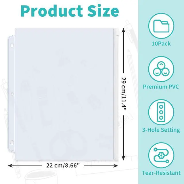 Alt view image 2 of 7 - 10 Pack Plastic Zippered Binder Pockets, 3-Hole Punched for 3 Ring Binder, Clear PVC with White Zippers, Waterproof Loose Leaf Bag Pouch for Document Filing and Storage