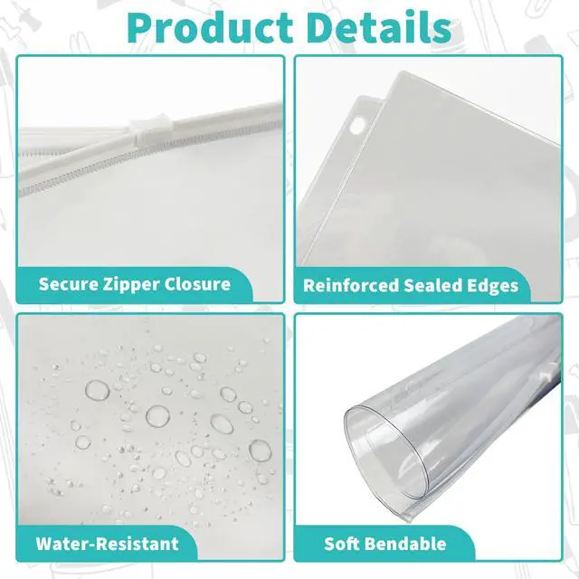 Alt view image 4 of 7 - 10 Pack Plastic Zippered Binder Pockets, 3-Hole Punched for 3 Ring Binder, Clear PVC with White Zippers, Waterproof Loose Leaf Bag Pouch for Document Filing and Storage