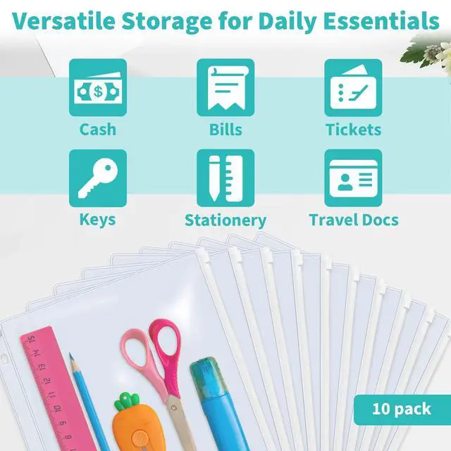 Alt view image 3 of 7 - 10 Pack Plastic Zippered Binder Pockets, 3-Hole Punched for 3 Ring Binder, Clear PVC with White Zippers, Waterproof Loose Leaf Bag Pouch for Document Filing and Storage