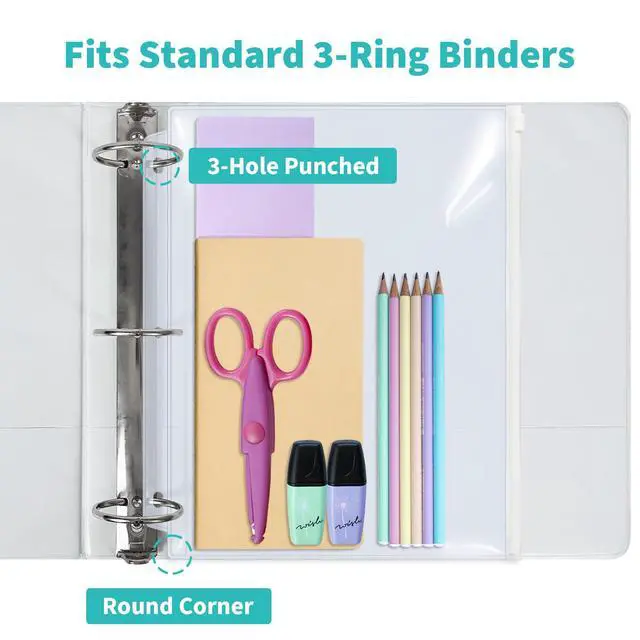 Alt view image 7 of 7 - 10 Pack Plastic Zippered Binder Pockets, 3-Hole Punched for 3 Ring Binder, Clear PVC with White Zippers, Waterproof Loose Leaf Bag Pouch for Document Filing and Storage