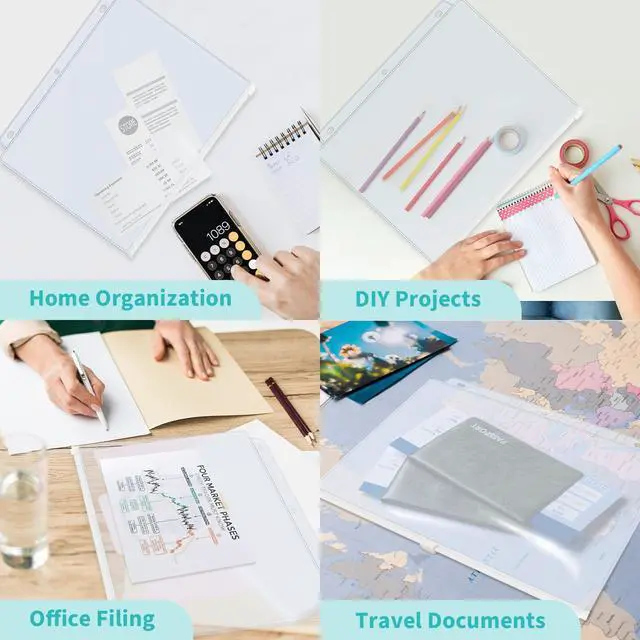 Alt view image 6 of 7 - 10 Pack Plastic Zippered Binder Pockets, 3-Hole Punched for 3 Ring Binder, Clear PVC with White Zippers, Waterproof Loose Leaf Bag Pouch for Document Filing and Storage