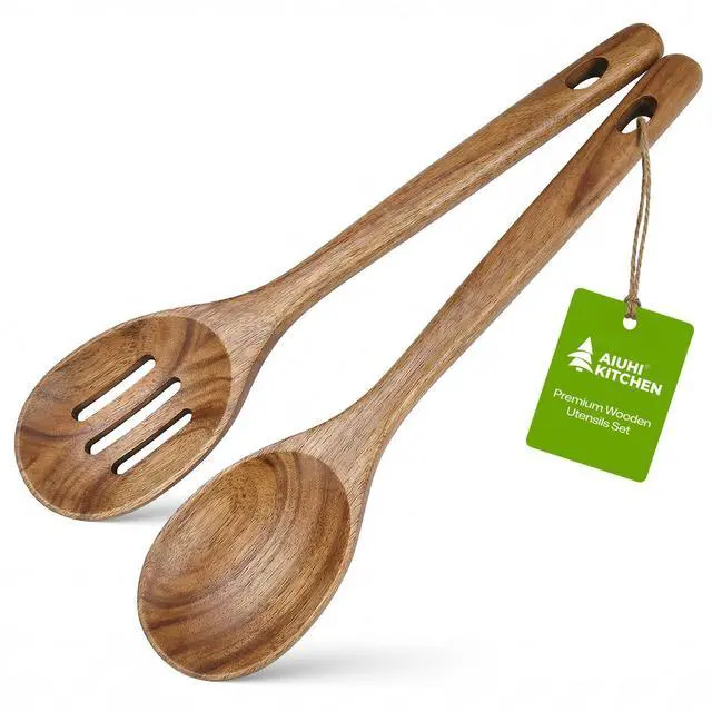 Main image of 2Pcs Wooden Cooking Spoons for Cooking, No Scratch Wooden Spoons Set of Slotted Spoon & Serving Spoon, Natural Teak Wood Utensils Set for Cooking, Serving & Mixing