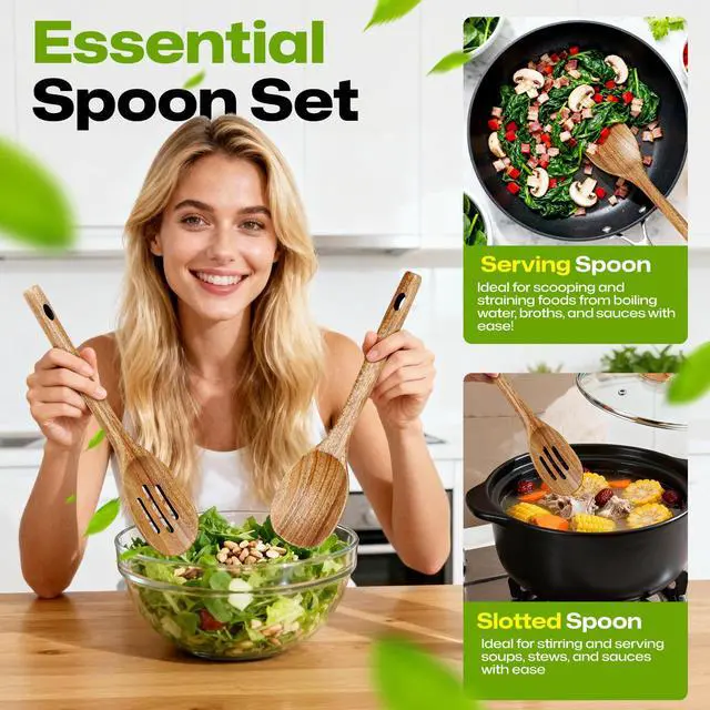 Alt view image 2 of 4 - 2Pcs Wooden Cooking Spoons for Cooking, No Scratch Wooden Spoons Set of Slotted Spoon & Serving Spoon, Natural Teak Wood Utensils Set for Cooking, Serving & Mixing