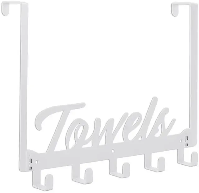 Main image of Over The Door Hooks, Towel Rack for Bathroom & Bedroom, Heavy Duty Over Door Towel Hanger with 5 Coat Hooks, White