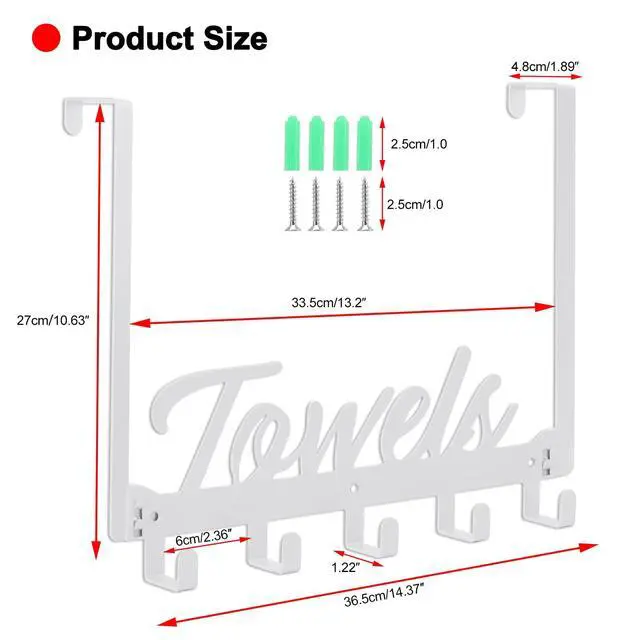 Alt view image 2 of 7 - Over The Door Hooks, Towel Rack for Bathroom & Bedroom, Heavy Duty Over Door Towel Hanger with 5 Coat Hooks, White