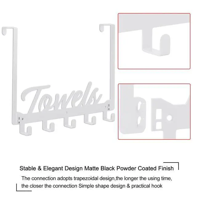 Alt view image 3 of 7 - Over The Door Hooks, Towel Rack for Bathroom & Bedroom, Heavy Duty Over Door Towel Hanger with 5 Coat Hooks, White