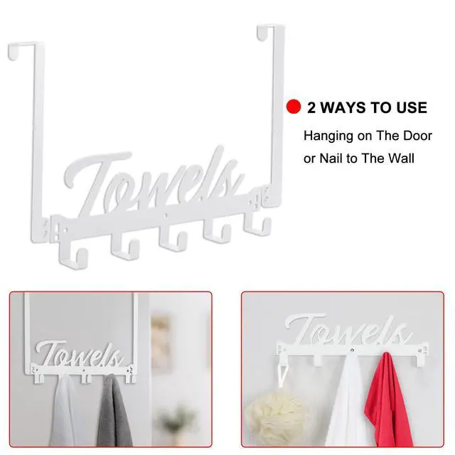 Alt view image 4 of 7 - Over The Door Hooks, Towel Rack for Bathroom & Bedroom, Heavy Duty Over Door Towel Hanger with 5 Coat Hooks, White