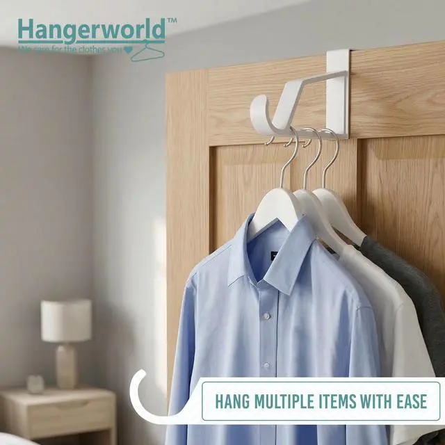 Alt view image 2 of 7 - 2 Pack Over The Door Hooks for Hangers - Extra Strong White Plastic Over Door Hook for Hanging Clothes, Towels, Robes, Hats, Bags and More