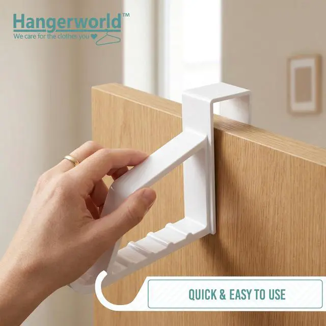 Alt view image 3 of 7 - 2 Pack Over The Door Hooks for Hangers - Extra Strong White Plastic Over Door Hook for Hanging Clothes, Towels, Robes, Hats, Bags and More
