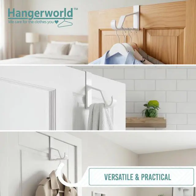 Alt view image 4 of 7 - 2 Pack Over The Door Hooks for Hangers - Extra Strong White Plastic Over Door Hook for Hanging Clothes, Towels, Robes, Hats, Bags and More