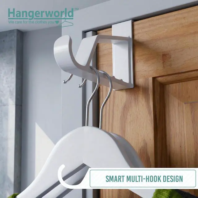 Alt view image 7 of 7 - 2 Pack Over The Door Hooks for Hangers - Extra Strong White Plastic Over Door Hook for Hanging Clothes, Towels, Robes, Hats, Bags and More