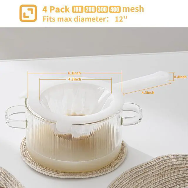 Alt view image 2 of 7 - Premium Multi-Mesh Strainer Set, 4 Pack - 100/200/300/400 Mesh, Nylon & Plastic Fine Mesh Sieve for Tea, Coffe, Nut Milk, Juice, Broth, Smoothies, Reusable & Easy to Clean, Durable,Dishwarer Safe