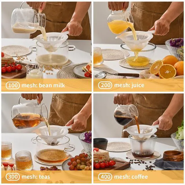 Alt view image 4 of 7 - Premium Multi-Mesh Strainer Set, 4 Pack - 100/200/300/400 Mesh, Nylon & Plastic Fine Mesh Sieve for Tea, Coffe, Nut Milk, Juice, Broth, Smoothies, Reusable & Easy to Clean, Durable,Dishwarer Safe