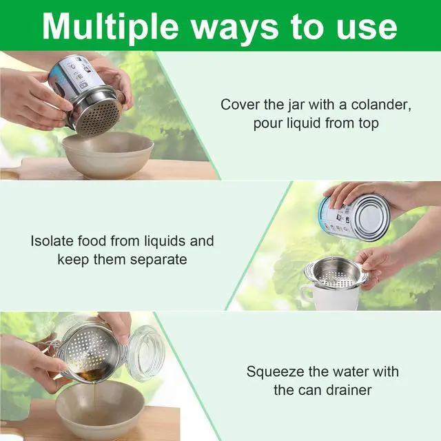Alt view image 4 of 7 - 2 Pieces Tuna Can Strainer Stainless Steel Food Strainer Sieve Metal Press Lid Canning Colander Oil Drainer Tuna Filter for Beans Vegetables