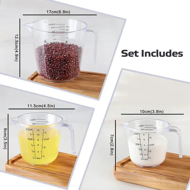 Alt view image 2 of 7 - HIA 3PCS Plastic Liquid Measuring Cups for Prepping, Baking and Cooking, Dishwasher Safe (4, 1.5 and 3/4 Cup)