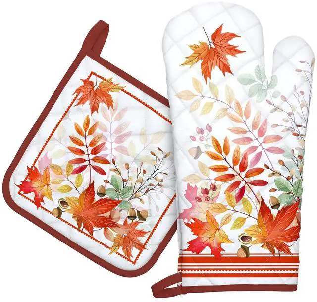 Main image of Fall Mapel Leaf Oven Mitts and Pot Holders Sets 2Pcs, 100% Cotton Heat Resistant, Extra Long Oven Gloves Potholder for Kitchen Cooking Baking Decoration