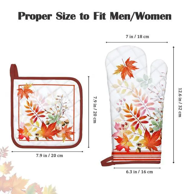 Alt view image 4 of 6 - Fall Mapel Leaf Oven Mitts and Pot Holders Sets 2Pcs, 100% Cotton Heat Resistant, Extra Long Oven Gloves Potholder for Kitchen Cooking Baking Decoration