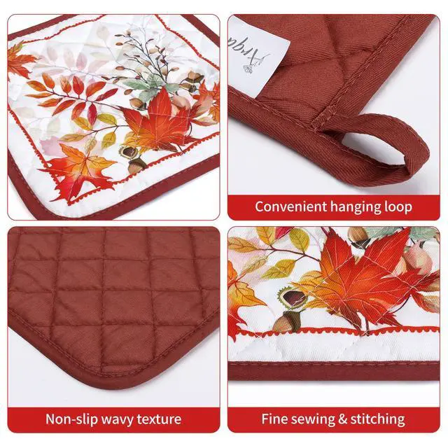 Alt view image 3 of 6 - Fall Mapel Leaf Oven Mitts and Pot Holders Sets 2Pcs, 100% Cotton Heat Resistant, Extra Long Oven Gloves Potholder for Kitchen Cooking Baking Decoration