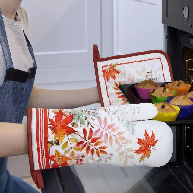 Alt view image 6 of 6 - Fall Mapel Leaf Oven Mitts and Pot Holders Sets 2Pcs, 100% Cotton Heat Resistant, Extra Long Oven Gloves Potholder for Kitchen Cooking Baking Decoration