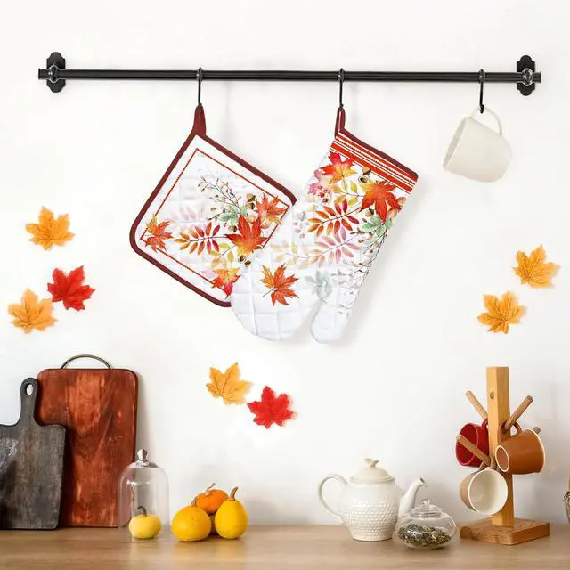 Alt view image 5 of 6 - Fall Mapel Leaf Oven Mitts and Pot Holders Sets 2Pcs, 100% Cotton Heat Resistant, Extra Long Oven Gloves Potholder for Kitchen Cooking Baking Decoration