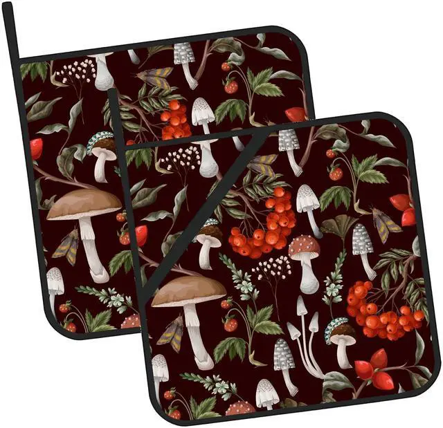 Main image of Mushrooms Pot Holders Set of 2 Heat Resistant & Non Slip Potholders, Berries and Plants Oven Hot Pads for Kitchen Cooking Baking Barbecue