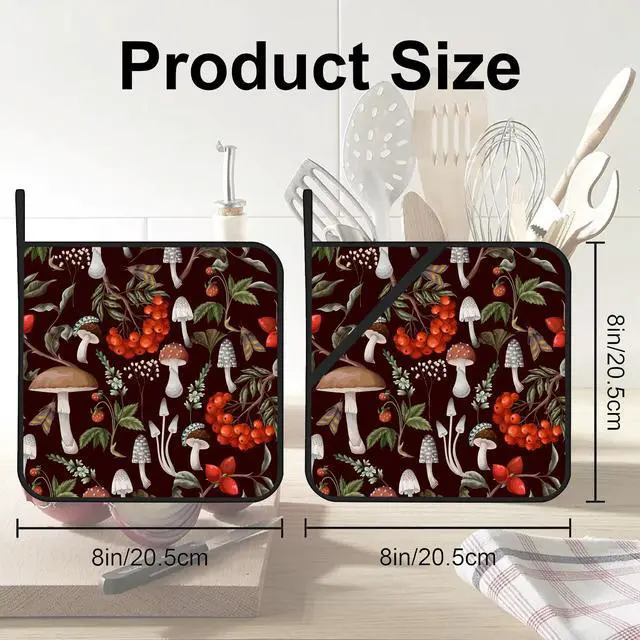 Alt view image 2 of 7 - Mushrooms Pot Holders Set of 2 Heat Resistant & Non Slip Potholders, Berries and Plants Oven Hot Pads for Kitchen Cooking Baking Barbecue