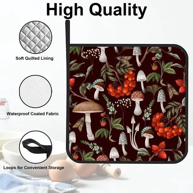 Alt view image 3 of 7 - Mushrooms Pot Holders Set of 2 Heat Resistant & Non Slip Potholders, Berries and Plants Oven Hot Pads for Kitchen Cooking Baking Barbecue