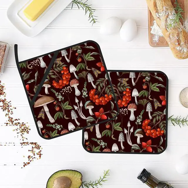 Alt view image 4 of 7 - Mushrooms Pot Holders Set of 2 Heat Resistant & Non Slip Potholders, Berries and Plants Oven Hot Pads for Kitchen Cooking Baking Barbecue