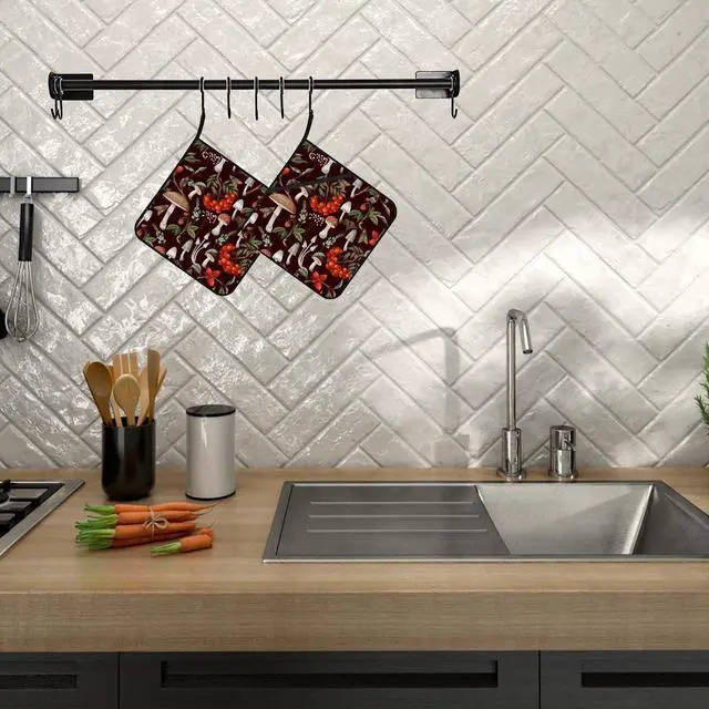 Alt view image 5 of 7 - Mushrooms Pot Holders Set of 2 Heat Resistant & Non Slip Potholders, Berries and Plants Oven Hot Pads for Kitchen Cooking Baking Barbecue