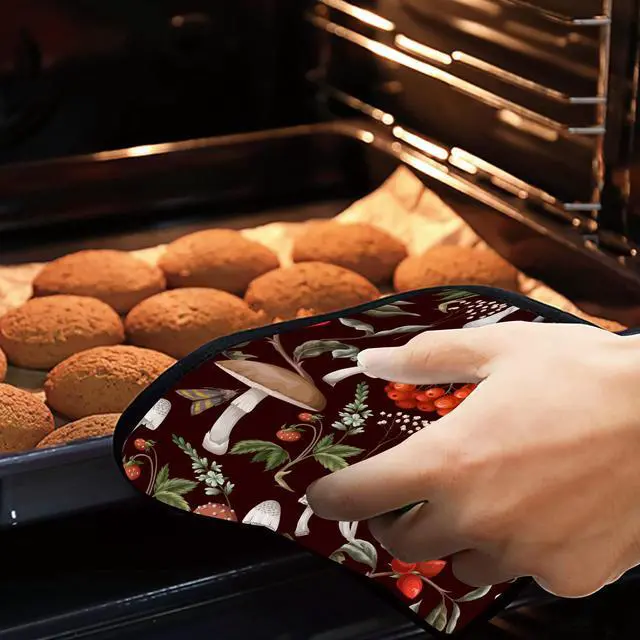 Alt view image 7 of 7 - Mushrooms Pot Holders Set of 2 Heat Resistant & Non Slip Potholders, Berries and Plants Oven Hot Pads for Kitchen Cooking Baking Barbecue