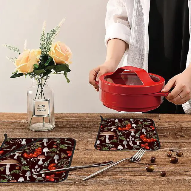 Alt view image 6 of 7 - Mushrooms Pot Holders Set of 2 Heat Resistant & Non Slip Potholders, Berries and Plants Oven Hot Pads for Kitchen Cooking Baking Barbecue