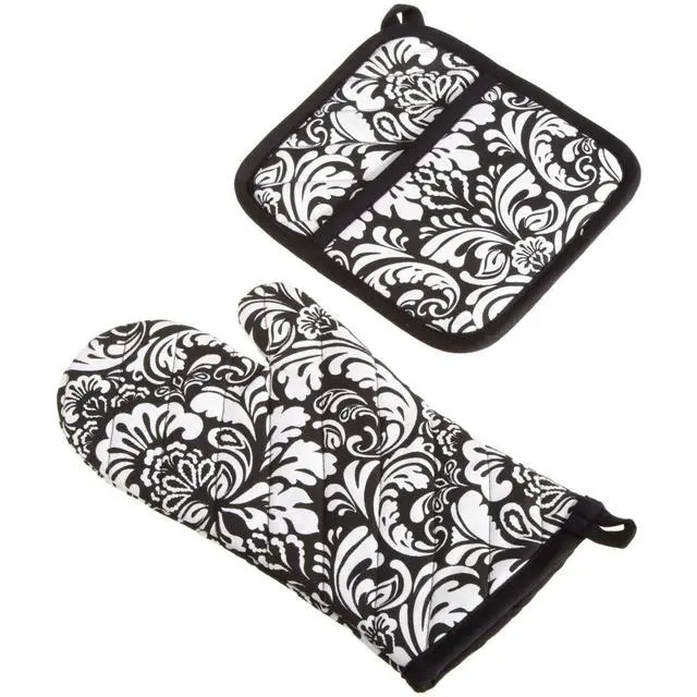 Main image of Quilted Kitchen Oven Mitt & Potholder Set, Hanging Loop for Convenient Storage, OM 6.5x12/PH 8x8.5, Black Damask Print, 2 Piece