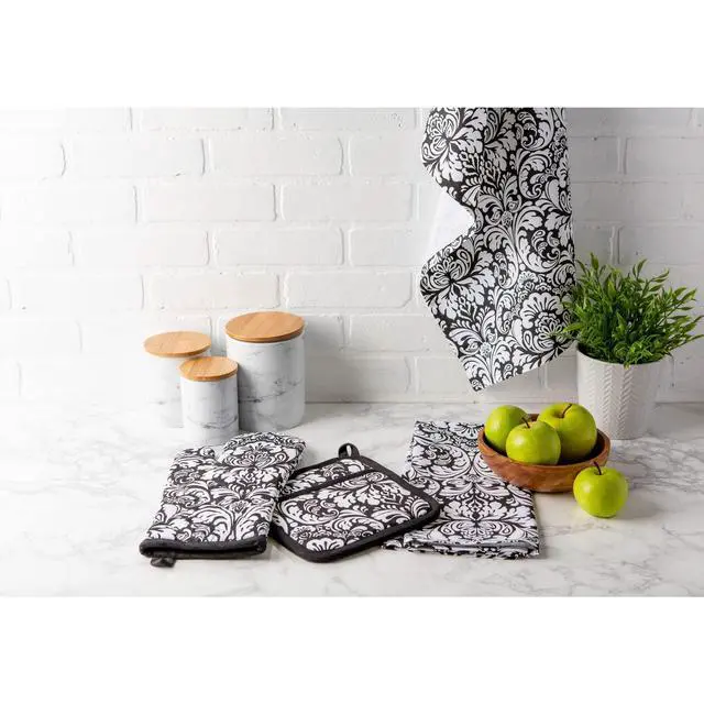 Alt view image 6 of 6 - Quilted Kitchen Oven Mitt & Potholder Set, Hanging Loop for Convenient Storage, OM 6.5x12/PH 8x8.5, Black Damask Print, 2 Piece