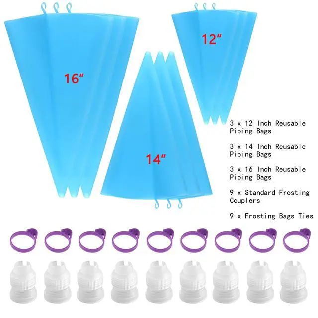 Alt view image 2 of 7 - Reusable Piping Bags Set Silicone Pastry Bag, Icing Bag for Cake Decorating Baking Tools Kit with 3X (12+14+16) Bags, 9 Tip Couplers, 9 Frosting Bag Ties, Cupcake Decorations Supplies