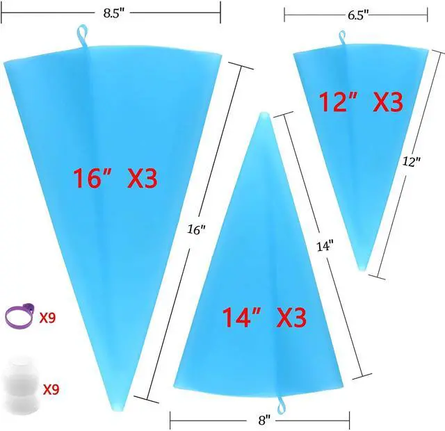 Alt view image 3 of 7 - Reusable Piping Bags Set Silicone Pastry Bag, Icing Bag for Cake Decorating Baking Tools Kit with 3X (12+14+16) Bags, 9 Tip Couplers, 9 Frosting Bag Ties, Cupcake Decorations Supplies