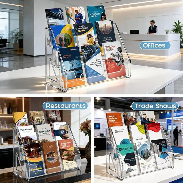 Alt view image 5 of 7 - 3 Tier Clear Acrylic Brochure Holder, Literature Organizer Paper Stand Display for Cards, Brochures, Pamphlets, Flyer, Signs