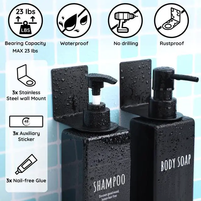 Alt view image 3 of 6 - Stainless Adhesive Bottle Holder, 3Pcs Bathroom Bottle Dispenser Holder, Dia 1.1in 2.8cm Lotion Bottle Wall Mount, Rustproof Shampoo Bottle Holder Wall Hanging Rack for Kitchen Toilet Black