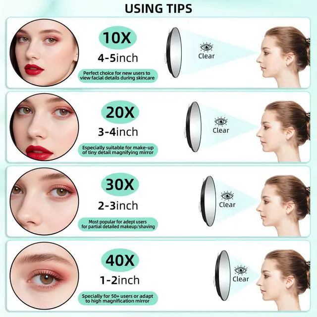 Alt view image 2 of 7 - 40X Handheld Makeup Magnifying Mirror, 6inch Makeup Magnification 40X with 3 Powerful Suction Cups, Wall-Mounted Travel Magnifying Mirror and Slanted Tweezers Set, Closer Use for Detailed Work