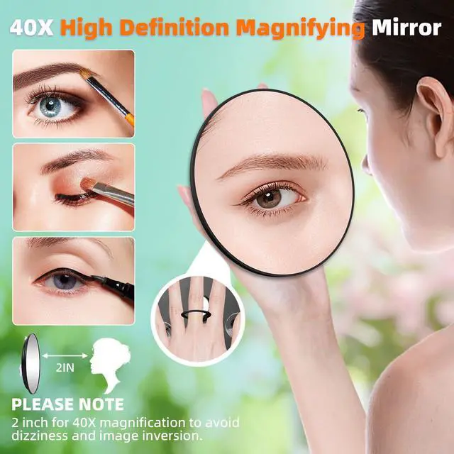 Alt view image 3 of 7 - 40X Handheld Makeup Magnifying Mirror, 6inch Makeup Magnification 40X with 3 Powerful Suction Cups, Wall-Mounted Travel Magnifying Mirror and Slanted Tweezers Set, Closer Use for Detailed Work