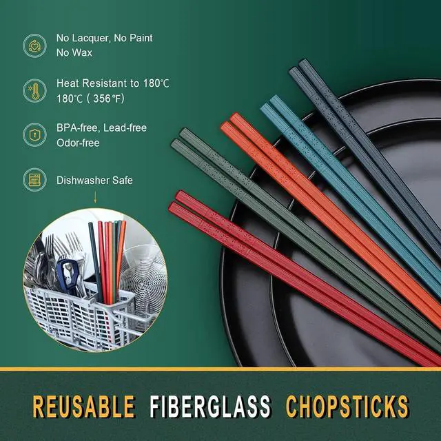 Alt view image 3 of 7 - 10-Pair Reusable Fiberglass Chopsticks, Non-Slip Chop Sticks Set Japanese Style, Dishwasher Safe, Colorful, 9.5-Inch