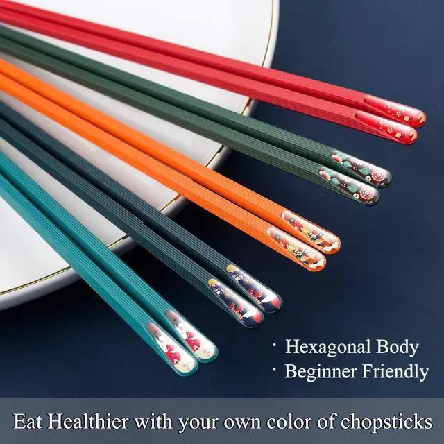 Alt view image 2 of 7 - 5 Pairs Fiberglass Chopsticks - Reusable Japanese Chopsticks Dishwasher Safe, Colorful Chopsticks Gift Set with Different Asian Pattern, Non-Slip Chop Sticks