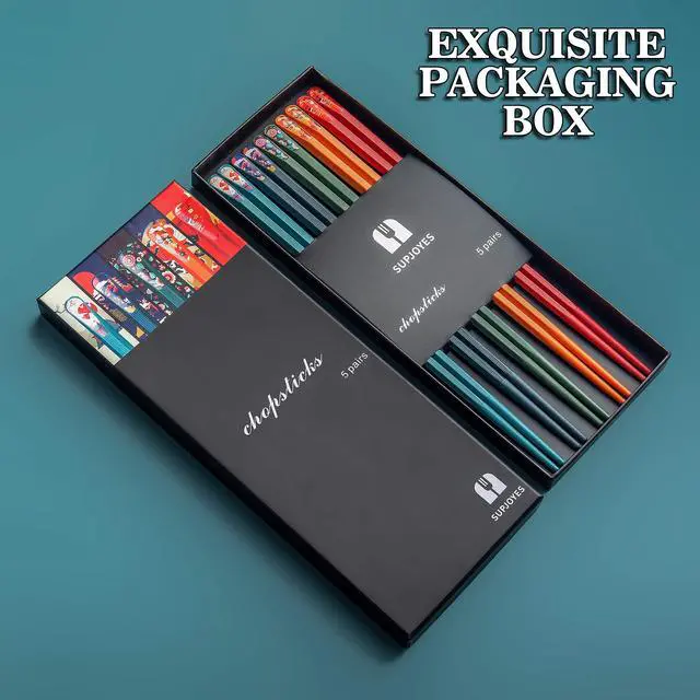 Alt view image 6 of 7 - 5 Pairs Fiberglass Chopsticks - Reusable Japanese Chopsticks Dishwasher Safe, Colorful Chopsticks Gift Set with Different Asian Pattern, Non-Slip Chop Sticks