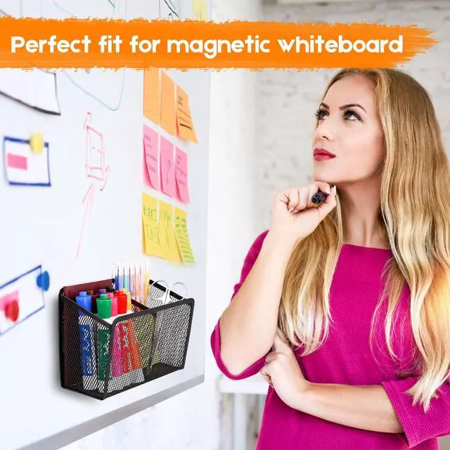 Alt view image 5 of 7 - Magnetic Pencil Holder - Extra Strong Magnets Mesh Marker Holder Perfect for Whiteboard, Refrigerator and Locker Accessories (2-Compartment (1 Pack))