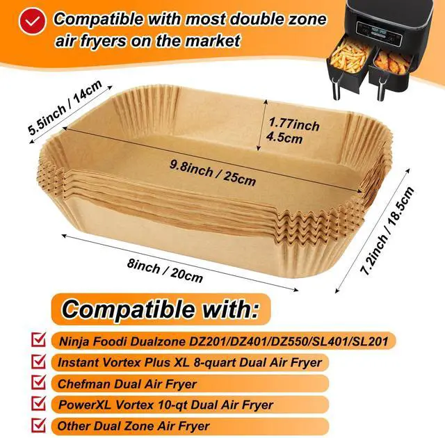 Alt view image 2 of 6 - Air Fryer Liners for Ninja Dual Air Fryer, Set of 120, Rectangle Disposable Air Fryer Liners Compatible with Ninja DZ201/DZ401/DZ550/SL401, Instant Vortex and Other DualZone Airfryer