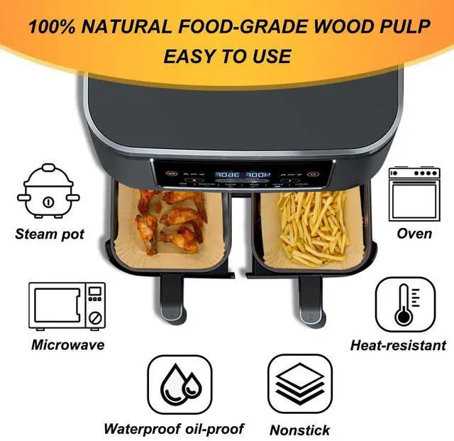 Alt view image 4 of 6 - Air Fryer Liners for Ninja Dual Air Fryer, Set of 120, Rectangle Disposable Air Fryer Liners Compatible with Ninja DZ201/DZ401/DZ550/SL401, Instant Vortex and Other DualZone Airfryer