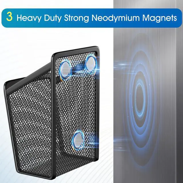 Alt view image 2 of 7 - Magnetic Pen Holder, 2 Pack Mesh Pencil Holder for Desk Storage Basket Organizer Marker Holder - Extra Strong Magnets Perfect for Locker Accessories, Refrigerator, Whiteboard, School Office