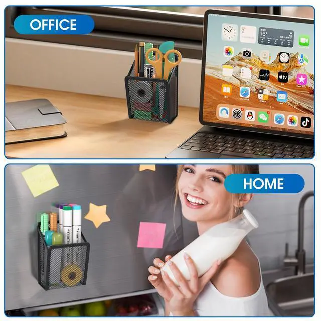 Alt view image 5 of 7 - Magnetic Pen Holder, 2 Pack Mesh Pencil Holder for Desk Storage Basket Organizer Marker Holder - Extra Strong Magnets Perfect for Locker Accessories, Refrigerator, Whiteboard, School Office