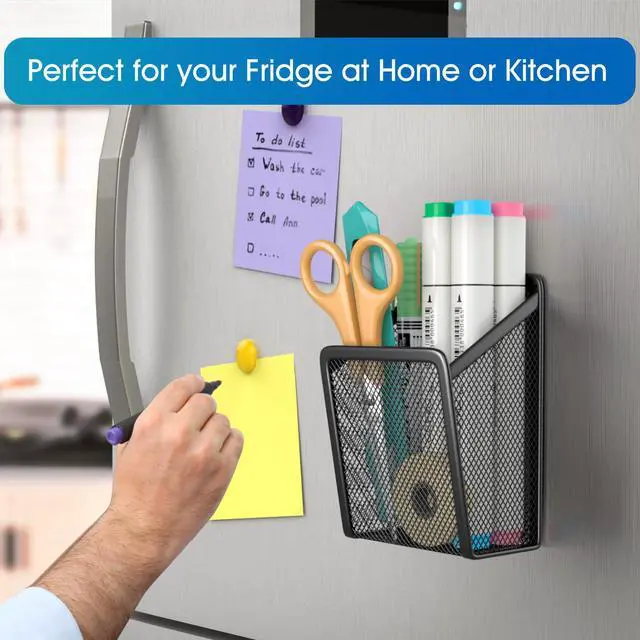 Alt view image 6 of 7 - Magnetic Pen Holder, 2 Pack Mesh Pencil Holder for Desk Storage Basket Organizer Marker Holder - Extra Strong Magnets Perfect for Locker Accessories, Refrigerator, Whiteboard, School Office