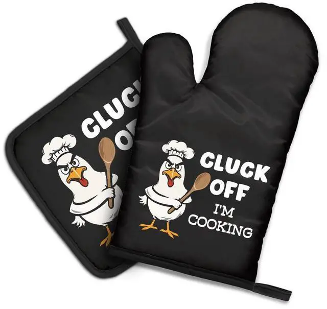 Main image of Cluck Off I'm Cooking Funny Oven Mitts and Pot Holder Set, Kitchen Gadgets for Bake Lovers, Chicken Lover Gifts, Humor Novelty Housewarming Baking Kitchen Gifts for Women Men Dad Chef Friend